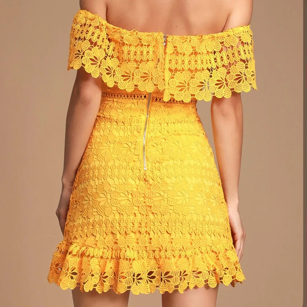 NWT Lulus yellow lace off the shoulder dress - Picture 2 of 6